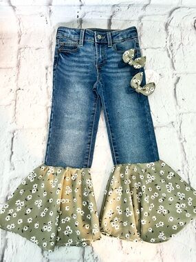 Girls Size 6 Flare Jeans Olive Green Floral Bell Bottoms upcycled denim